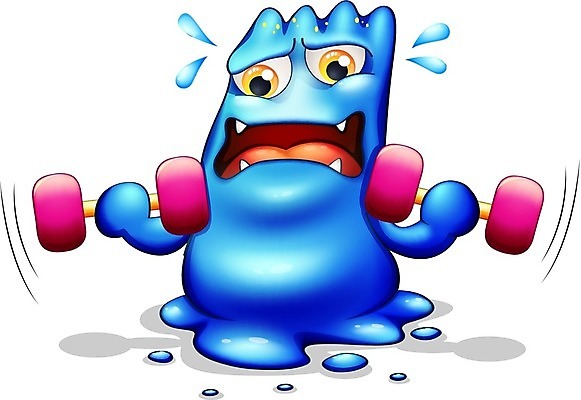EPS 해외이미지 캐릭터 일러스트 사람없음 파란색 운동 아령 땀 몬스터 해외202004 해외일러스트 일러캐릭터 컬러 건강 파일형식 벡터