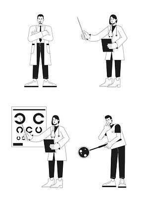 EPS 해외이미지 여자 남자 일러스트 청진기 돋보기 건강 들기 여러명 성인 치료 세트 팔짱 진료 의사 가리킴 막대기 연구원 의문 시력검사 성인만 해외202309 해외일러스트 직업 다수 컨셉 의학 의료기기 모션 사람 손짓 의료진 검사_조사 파일형식 벡터