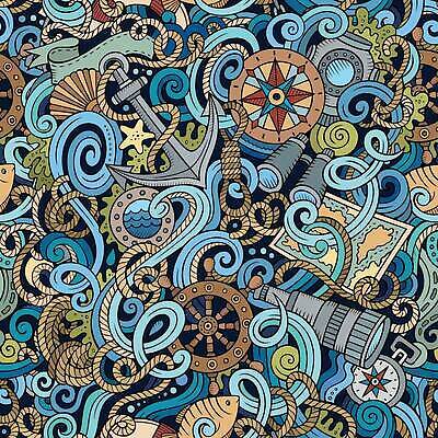 EPS 해외이미지 밧줄 백그라운드 지도 패턴 일러스트 항해 어류 사람없음 파란색 망원경 낙서 나침반 가득함 키_배핸들 닻 해외일러스트 줄 컬러 무늬 배_교통 수중동물 핸들 파일형식 벡터