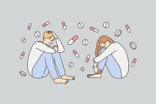 EPS 해외이미지 전신 여자 남자 일러스트 스트레스 피곤 성인 두명 알약 웅크림 약물중독 성인만 해외202309 해외일러스트 컨셉 모션 사람 약 중독 파일형식 벡터