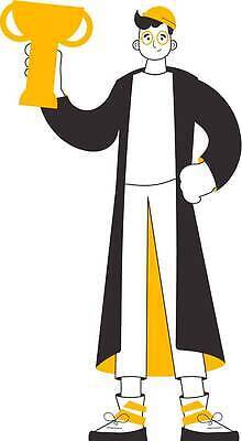 EPS 해외이미지 전신 남자 허리손 일러스트 한명 들기 성인 우승 상패 트로피 라인아트 승자 성인남자한명만 해외202309 해외일러스트 1 선 포즈 모션 사람 최고 상_우승 남자한명만 성인남자만 파일형식 벡터