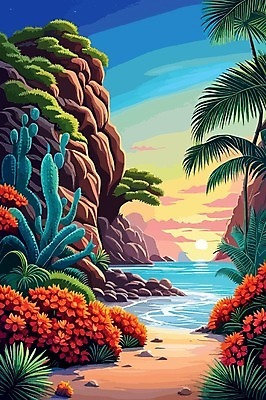 EPS 해외이미지 꽃 바다 일러스트 선인장 사람없음 야자수 노을 사막 해외202309 해외일러스트 자연요소 나무 식물 파일형식 벡터