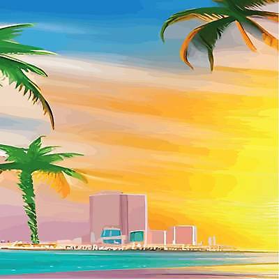 EPS 해외이미지 일러스트 해변 사람없음 건물 야자수 태양 노을 휴양지 해외202309 해외일러스트 자연요소 나무 건축물 바다 장소 파일형식 벡터