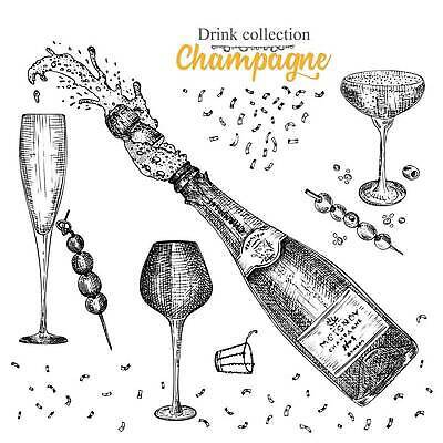 EPS 해외이미지 일러스트 사람없음 세트 거품 빈티지 꼬치 샴페인 폭발 스케치 메뉴 올리브 샴페인잔 꽃가루 손그림 탄산 해외202309 해외일러스트 열매 컨셉 술잔 주류 미술 가루 파일형식 벡터