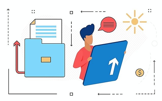 EPS 해외이미지 남자 화살표 일러스트 비즈니스 한명 들기 상반신 성인 태블릿 파일 폴더 성인남자한명만 해외202309 해외일러스트 1 모션 사람 전자제품 스마트기기 남자한명만 성인남자만 파일형식 벡터