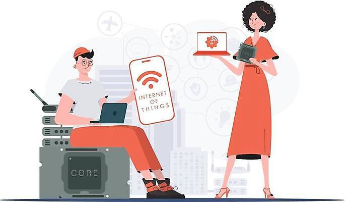 EPS 해외이미지 전신 여자 남자 일러스트 협력 들기 앉기 성인 두명 노트북 스마트폰 사물인터넷 성인만 안경낌 해외202309 해외일러스트 안경 모션 정보기술 사람 전자제품 핸드폰 스마트기기 파일형식 벡터