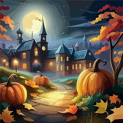 EPS 해외이미지 일러스트 호박 주택 사람없음 어둠 할로윈 보름달 야간 해외202309 해외일러스트 자연요소 채소 건물 달 파일형식 벡터
