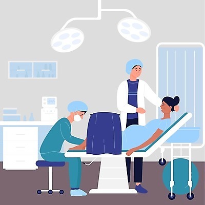 EPS 해외이미지 전신 여자 남자 일러스트 조명 병원 서기 앉기 손짓 성인 세명 임산부 고통 출산 수술실 산부인과 가림막 산부인과의사 수술침대 힘듦 성인만 해외202309 해외일러스트 감정 컨셉 의학 모션 사람 임신 의사 침대 파일형식 벡터