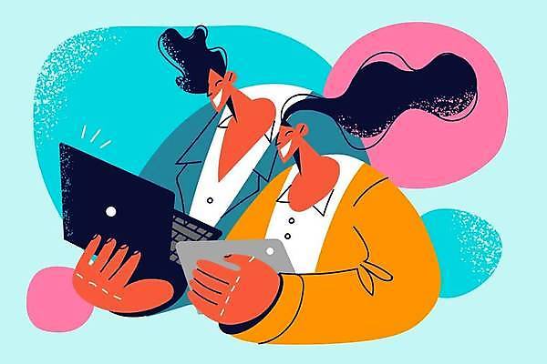 EPS 해외이미지 여자 남자 일러스트 비즈니스 사업가 직장 함께함 들기 성인 두명 노트북 태블릿 업무 비즈니스맨 비즈니스우먼 동료 성인만 해외202309 해외일러스트 직업 컨셉 회사 관계 모션 사람 전자제품 스마트기기 작업 직장인 파일형식 벡터