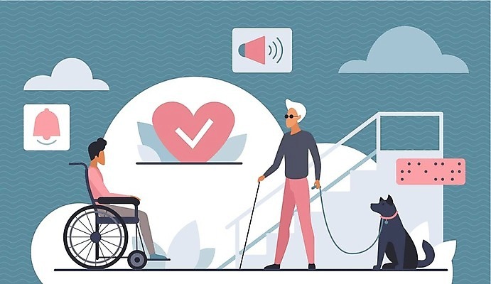 EPS 해외이미지 전신 노년 남자 잎 일러스트 지팡이 건강 성인 두명 선글라스 계단 소리 종 하트 보호 장애인 알림 휠체어 목줄 안내견 점자 남자만 해외202309 해외일러스트 모양 식물 안경 컨셉 사람 개 장애 파일형식 벡터 반려용품