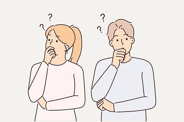 EPS 해외이미지 라이프스타일 여자 남자 일러스트 상반신 성인 두명 팔짱 물음표 입가림 의문 성인만 해외일러스트 기호 컨셉 모션 사람 생활 가림 파일형식 벡터