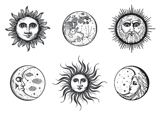 EPS 해외이미지 디자인 포스터 별 선 컨셉 일러스트 미술 그래픽 세트 태양 수확 달 초승달 인쇄 신비 스케치 수집 문신 심볼 그림 복고 손그림 점성술 천문학 판화 벡터 해외202309 해외일러스트 자연요소 교육 농업 문화예술 파일형식