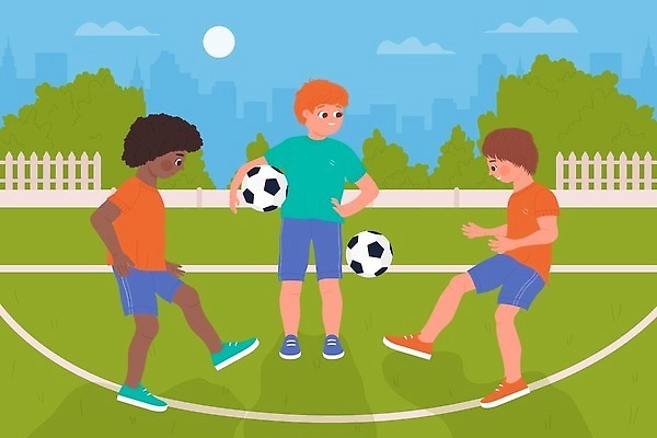 EPS 해외이미지 전신 남자 어린이라이프 어린이 일러스트 축구공 들기 소년 세명 축구 축구장 소년만 해외202309 해외일러스트 라이프스타일 공 축구용품 스포츠시설 모션 사람 구기 남자만 어린이만 파일형식 벡터