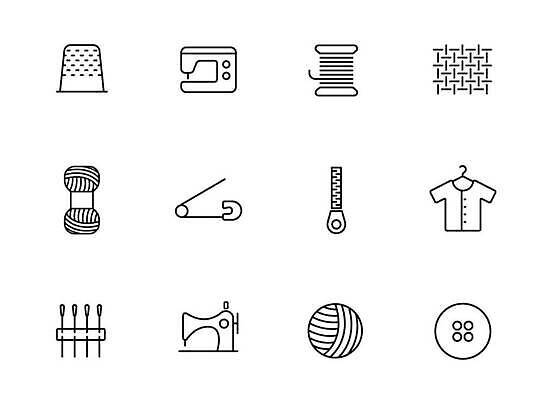 EPS 해외이미지 디자인 드레스 옷 산업 선 일러스트 세트 픽토그램 검은색 웹 기계 장비 도구 직물 바늘 뜨개질 실 바느질 가죽 천 심볼 측정 윤곽 테이프 지퍼 재단 양모 UI 고립 얇은 벡터 해외202309 해외일러스트 컬러 인터넷 문구용품 취미 파일형식