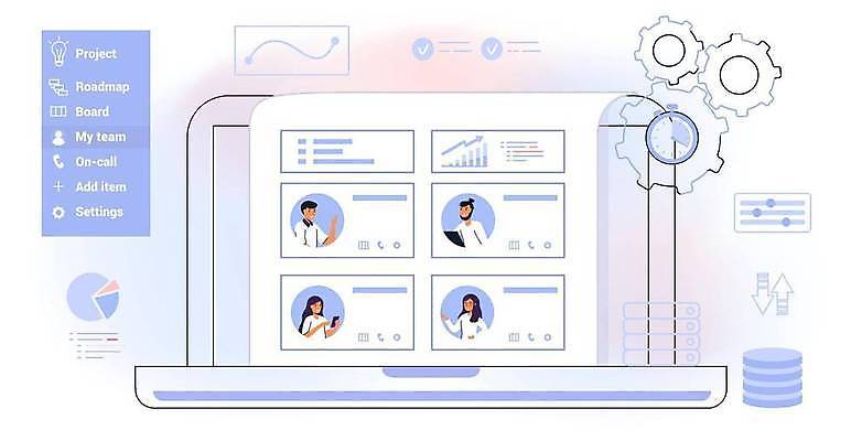 EPS 해외이미지 여자 남자 일러스트 비즈니스 그래프 여러명 상반신 성인 정보 분석 직원 톱니바퀴 성인만 해외202309 해외일러스트 다수 컨셉 사람 파일형식 벡터