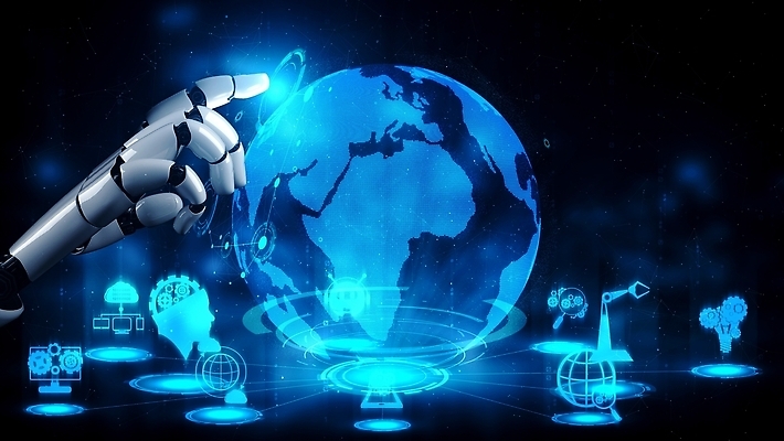 JPG 해외이미지 손 미래 기술 신체부위 파란색 지구본 3D 디지털 터치 가리킴 네트워크 로봇 해외202309 해외포토 포토 컬러 컨셉 사람 손짓 디지털합성 파일형식