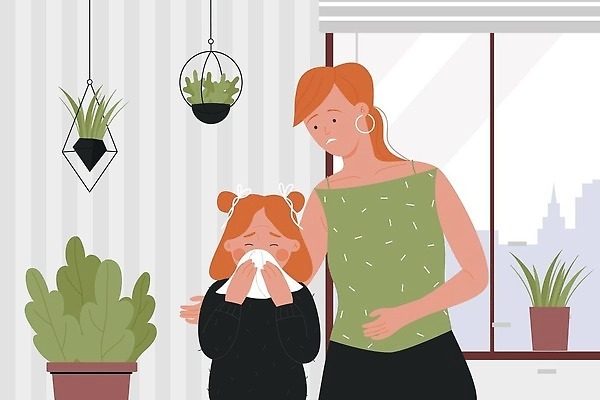 EPS 해외이미지 식물 여자 화분 어린이 일러스트 창문 가족 엄마 상반신 두명 귀걸이 고통 화장지 걱정 손수건 콧물 여자만 해외202309 해외일러스트 감정 장신구 관계 사람 생리현상 파일형식 벡터