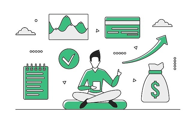 EPS 해외이미지 전신 남자 화살표 일러스트 비즈니스 그래프 한명 성인 초록색 자료 가리킴 신용카드 돈자루 분석 체크표시 상승 가부좌 스프링수첩 성인남자한명만 해외202309 해외일러스트 1 컬러 컨셉 돈 사람 앉기 손짓 금융 다이어리 확인 남자한명만 성인남자만 파일형식 벡터