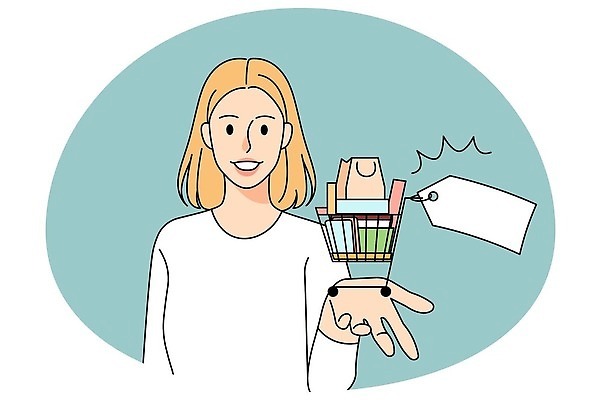 EPS 해외이미지 라이프스타일 여자 일러스트 한명 상반신 성인 쇼핑카 기쁨 가격표 보여주기 성인여자한명만 해외일러스트 1 감정 모션 사람 생활 쇼핑 카트 여자한명만 성인여자만 파일형식 벡터