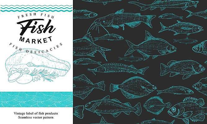 EPS 해외이미지 영어 바다 하늘색 백그라운드 패턴 일러스트 종류 어류 타이포그라피 사람없음 다양 돌_바위 빈티지 해조류 라인아트 해산물 해외202309 해외일러스트 문자 선 다수 컨셉 무늬 파란색 수중동물 해양식물 파일형식 벡터