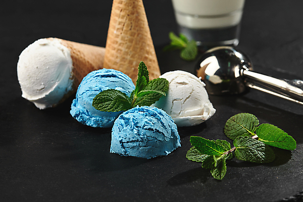 포토 JPG 해외이미지 검은배경 아이스크림 잔 사람없음 우유 달콤 허브 아이스크림콘 와플 스쿱 해외202309 해외포토 식물 식기 백그라운드 디저트 유제품 검은색 맛 콘 파일형식