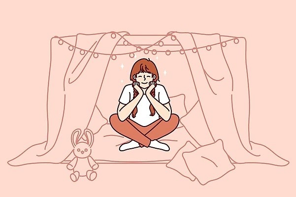 EPS 해외이미지 전신 여자 행복 어린이 일러스트 상상 놀이 한명 앉기 장난감 방 만족 긍정 소녀한명만 안락 해외202309 해외일러스트 1 감정 컨셉 모션 사람 여자한명만 소녀만 파일형식 벡터