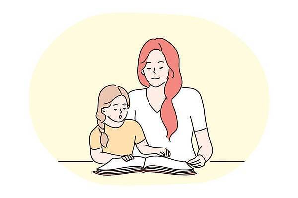 EPS 해외이미지 여자 어린이 일러스트 가족 상반신 성인 두명 책 독서 여자만 해외202309 해외일러스트 관계 사람 파일형식 벡터