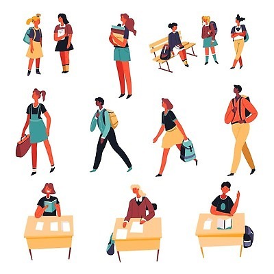 EPS 해외이미지 전신 여자 교육 남자 벤치 일러스트 청소년 들기 앉기 여러명 성인 책 걷기 책상 백팩 엘리먼트 해외202309 해외일러스트 가구 다수 의자 가방 모션 사람 파일형식 벡터