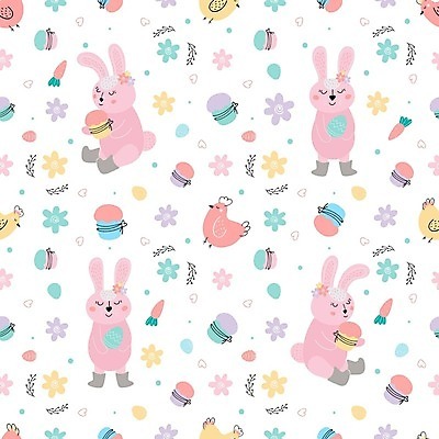 EPS 해외이미지 꽃 백그라운드 잎 패턴 일러스트 사람없음 귀여움 계란 컵케이크 토끼캐릭터 해외202309 해외일러스트 식물 동물캐릭터 컨셉 무늬 케이크 알 토끼 파일형식 벡터