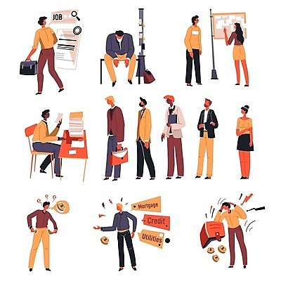 EPS 해외이미지 직업 산업 돈 일러스트 비즈니스 노동자 스트레스 사람 금융 경제 슬픔 시장 바이러스 좌절 발사 실업자 실업 종업원 감염 충격 문제 파산 고용 소셜 예산 우울증 위기 트러블 벡터 코로나바이러스 해외202309 해외일러스트 감정 컨셉 구직 재산 질병 채용 파일형식