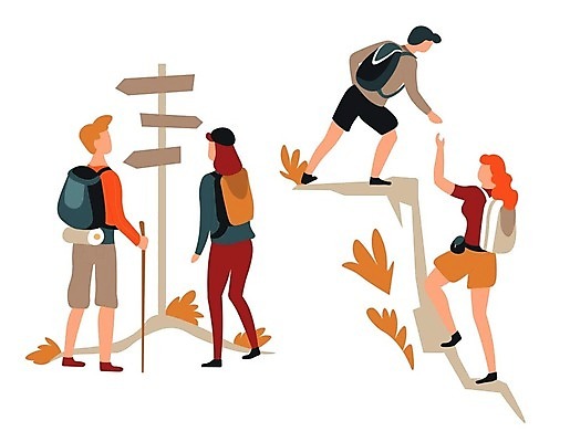 EPS 해외이미지 전신 여자 남자 가방 일러스트 지팡이 산 여러명 성인 등산 표지판 손내밀기 오르기 성인만 해외202309 해외일러스트 잡화 다수 모션 알림판 사람 손짓 트래킹 파일형식 벡터