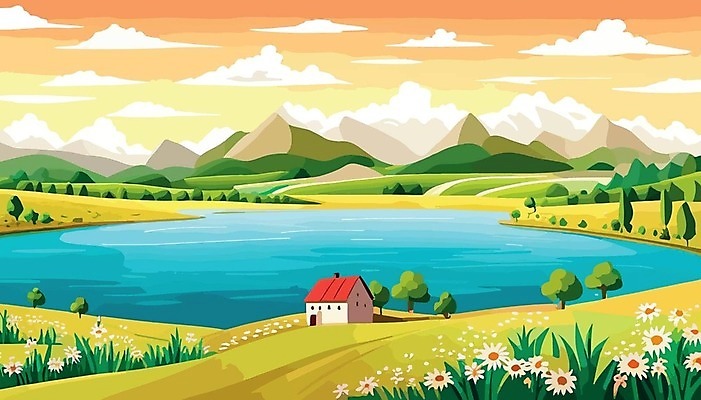 EPS 해외이미지 나무 호수 일러스트 하늘 산 주택 잔디 사람없음 노을 봄 들꽃 분위기 해외202309 해외일러스트 자연요소 식물 계절 꽃 컨셉 건물 파일형식 벡터