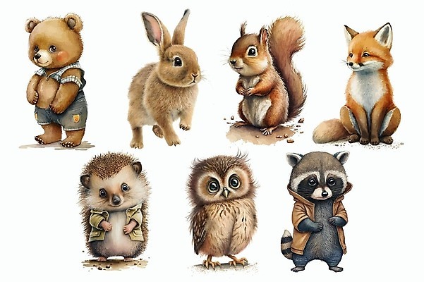 EPS 해외이미지 동물 캐릭터 야생동물 일러스트 곰 자연 조류 사슴 수채화 세트 토끼 만화 수집 다람쥐 여우 부엉이 고슴도치 고립 삼림지대 해외202309 해외일러스트 일러캐릭터 포유류 반려동물 설치류 숲 생태계 파일형식 벡터