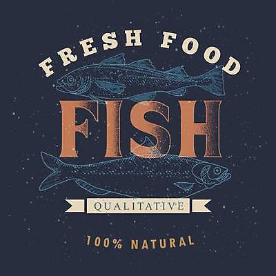 EPS 해외이미지 영어 리본 일러스트 어류 타이포그라피 사람없음 빈티지 남색 라인아트 해산물 해외202309 해외일러스트 문자 선 컬러 컨셉 수중동물 파일형식 벡터