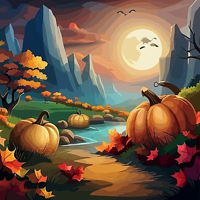 EPS 해외이미지 일러스트 호박 사람없음 어둠 할로윈 보름달 야간 해외202309 해외일러스트 자연요소 채소 달 파일형식 벡터