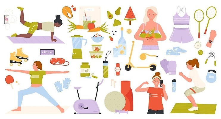 EPS 해외이미지 전신 여자 엎드리기 채소 일러스트 요가 여러명 상반신 성인 운동복 운동 헬스사이클 운동기구 헬스 스쿠터 매트 배드민턴라켓 권투글러브 짐볼 믹서 롤러스케이트화 자기관리 성인여자만 스쿼트 해외202309 해외일러스트 웰빙 옷 다수 모션 건강 사람 오토바이 글러브 라켓 롤러블레이드 여자만 성인만 파일형식 벡터 운동자세