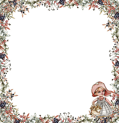 JPG 해외이미지 전신 여자 열매 꽃 어린이 잎 일러스트 프레임 한명 들기 바구니 사각형 버섯 화려 소녀한명만 해외202309 해외일러스트 도형 식물 1 컨셉 모션 사람 여자한명만 소녀만 파일형식