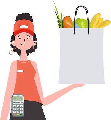 EPS 해외이미지 여자 유니폼 채소 일러스트 한명 들기 상반신 성인 쇼핑백 배송 택배 성인여자한명만 해외202309 해외일러스트 1 옷 가방 모션 사람 운송업 여자한명만 성인여자만 파일형식 벡터