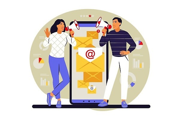 EPS 해외이미지 여자 남자 허리손 일러스트 비즈니스 그래프 성인 두명 스마트폰 확성기 이메일 알림 온라인 마케팅 성인만 해외202309 해외일러스트 포즈 사람 핸드폰 스마트기기 파일형식 벡터