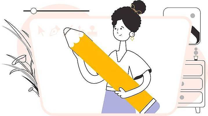 EPS 해외이미지 여자 교육 일러스트 한명 들기 상반신 성인 학습 연필 스마트 성인여자한명만 해외202309 해외일러스트 1 컨셉 모션 학용품 사람 필기구 여자한명만 성인여자만 파일형식 벡터