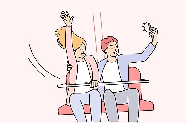 EPS 해외이미지 라이프스타일 여자 남자 일러스트 상반신 성인 두명 손들기 기쁨 놀이기구 셀프카메라 성인만 해외일러스트 감정 모션 사람 생활 사진촬영 파일형식 벡터