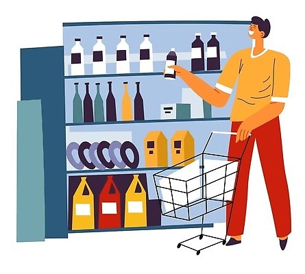 EPS 해외이미지 전신 무료이미지 남자 음료 일러스트 한명 서기 들기 성인 쇼핑카 잡기 진열장 마트 성인남자한명만 해외202309 해외일러스트 1 모션 사람 쇼핑 상점 카트 남자한명만 성인남자만 파일형식 벡터