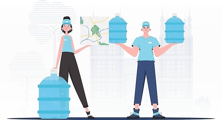 EPS 해외이미지 여자 남자 지도 일러스트 들기 성인 두명 물 파란색 기댐 신선 물통 배송 성인만 해외202309 해외일러스트 자연요소 컬러 모션 사람 파일형식 벡터