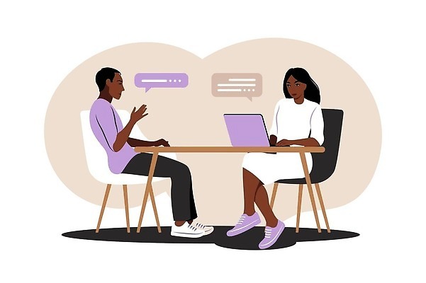 EPS 해외이미지 전신 여자 남자 의자 일러스트 비즈니스 탁자 회의 앉기 손짓 성인 두명 연보라색 베이지색 성인만 해외202309 해외일러스트 컬러 가구 모션 사람 보라색 파일형식 벡터