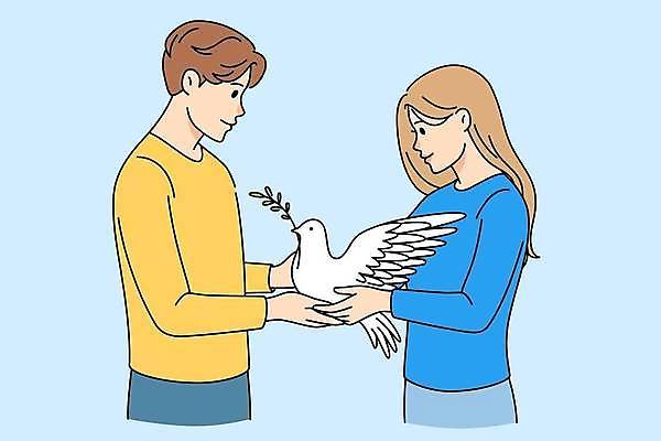 EPS 해외이미지 라이프스타일 여자 남자 일러스트 상반신 성인 두명 평화 기쁨 비둘기 성인만 해외일러스트 감정 컨셉 조류 사람 생활 파일형식 벡터