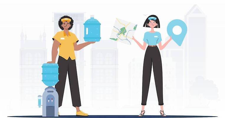 EPS 해외이미지 여자 남자 지도 일러스트 들기 성인 두명 물 노란색 기댐 신선 물통 배송 위치 정수기 성인만 해외202309 해외일러스트 자연요소 컬러 모션 사람 파일형식 벡터