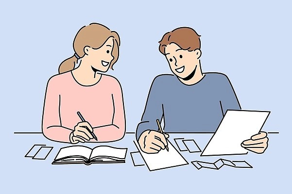 EPS 해외이미지 여자 남자 종이 와이셔츠 일러스트 비즈니스 회의 대화 성인 두명 책 펜 마주보기 문서 성인만 해외202309 해외일러스트 셔츠 모션 말하기 사람 필기구 파일형식 벡터