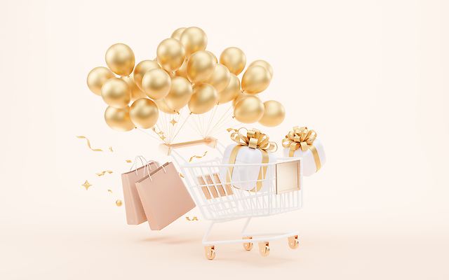 포토 JPG 해외이미지 이벤트 사람없음 선물상자 반짝임 쇼핑백 3D 쇼핑카 금색 풍선 살구색 해외202309 해외포토 컬러 가방 모션 선물 쇼핑 상자 카트 디지털합성 파일형식