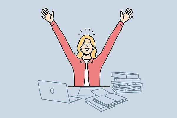 EPS 해외이미지 여자 일러스트 비즈니스 한명 성인 책 노트북 손들기 기쁨 만세 완료 문서 성인여자한명만 해외202309 해외일러스트 1 감정 컨셉 모션 사람 전자제품 여자한명만 성인여자만 파일형식 벡터