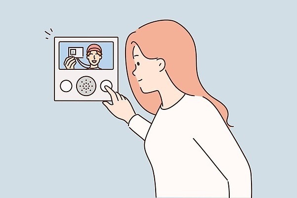 EPS 해외이미지 라이프스타일 여자 일러스트 한명 상반신 성인 기쁨 택배기사 보여주기 신분증 인터폰 성인여자한명만 해외일러스트 1 감정 모션 사람 생활 배달원 증명서 여자한명만 성인여자만 파일형식 벡터